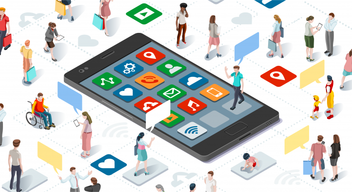Connecting people and social media graphic vector template with flat isometric elements people and smartphone devices illustration